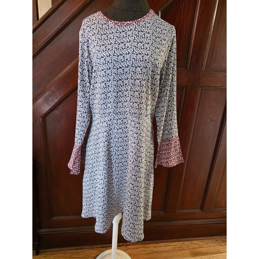 Ann Taylor Loft Floral Print Long Sleeve Dress Size 12 Blue & Red Flared Cuffs